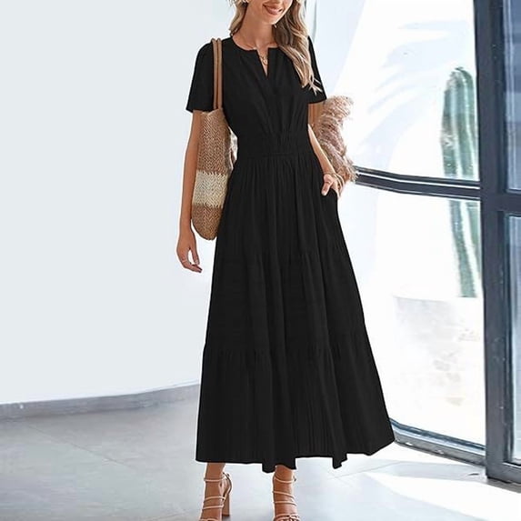 MORTTIC Women's Elegant V-Neck A-Line Short Sleeve Dress, Solid Color Pleated Maxi Dress for Spring/Summer Black,S
