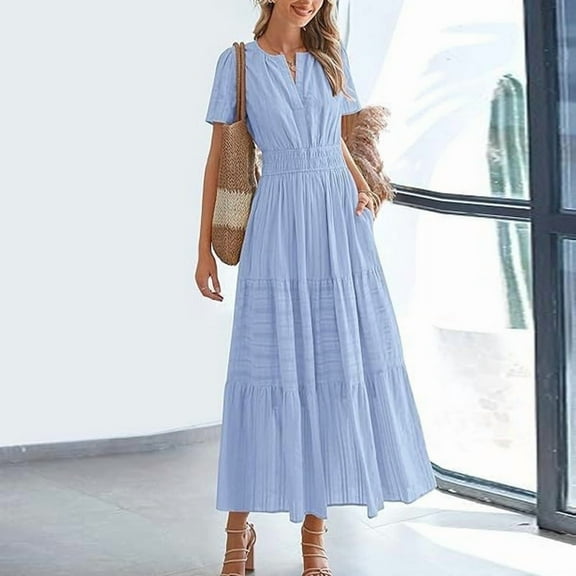 MORTTIC Women's Elegant V-Neck A-Line Short Sleeve Dress, Solid Color Pleated Maxi Dress for Spring/Summer Light Blue，M