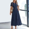 thumbnail image 1 of MORTTIC Women's Elegant V-Neck A-Line Short Sleeve Dress, Solid Color Pleated Maxi Dress for Spring/Summer Navy Blue，S, 1 of 6