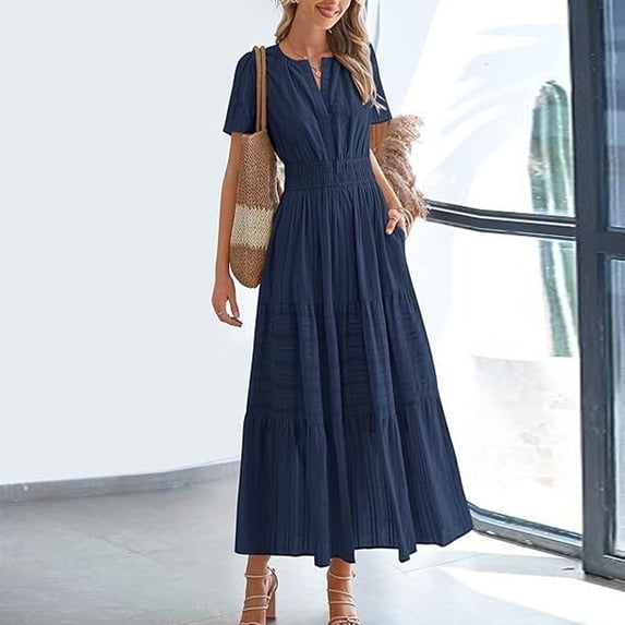 MORTTIC Women's Elegant V-Neck A-Line Short Sleeve Dress, Solid Color Pleated Maxi Dress for Spring/Summer Navy Blue,S