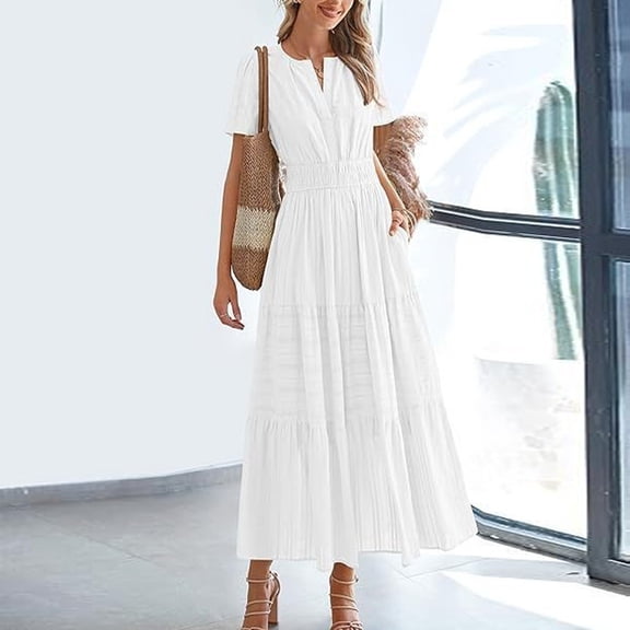 MORTTIC Women's Elegant V-Neck A-Line Short Sleeve Dress, Solid Color Pleated Maxi Dress for Spring/Summer WhiteοΌS