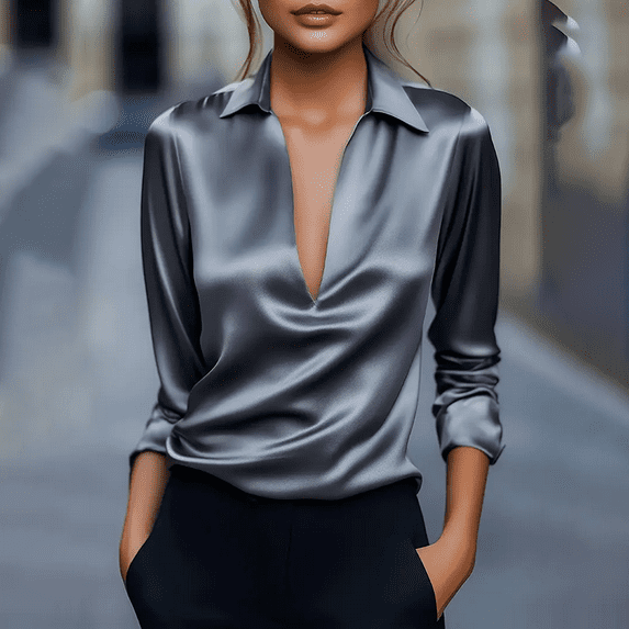 MORTTIC Women's Elegant V-Neck Blouse - Long Sleeve Glossy Dress Shirt for Office & Formal Wear Dark Gray,S