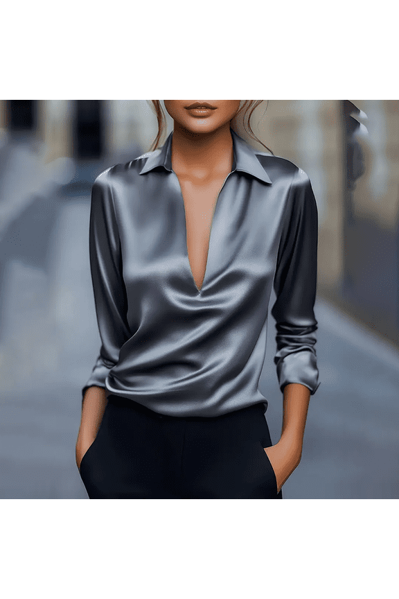 Women's Elegant V-Neck Blouse - Long Sleeve Glossy Dress Shirt for Office & Formal Wear Dark Gray,S