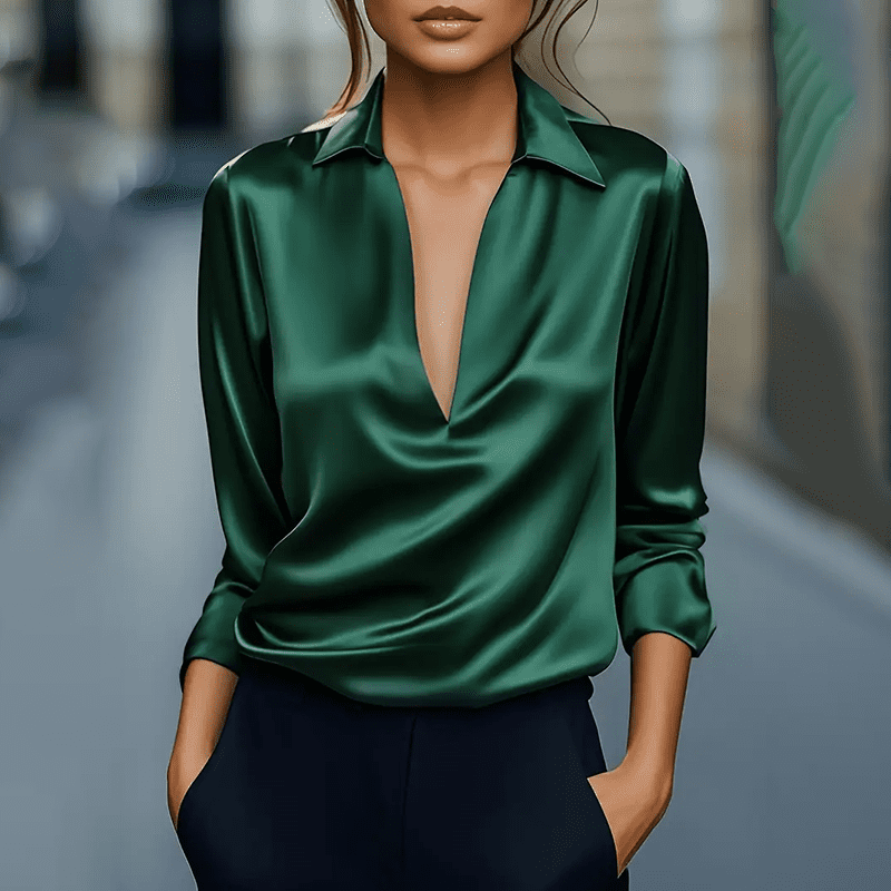 Morttic Women's Elegant V-Neck Blouse - Long Sleeve Glossy Dress Shirt for Office & Formal Wear Greens, Size: Small, Blue