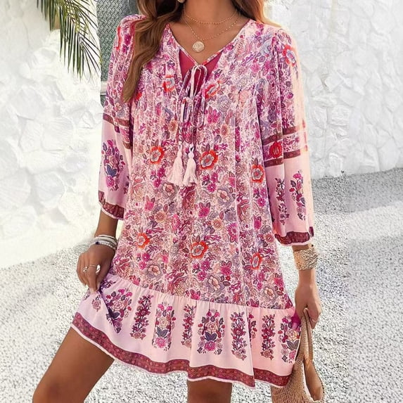 MORTTIC Women's Elegant V-Neck Floral Print Dress with Tassel Bow Tie - Fitted Woven Dress