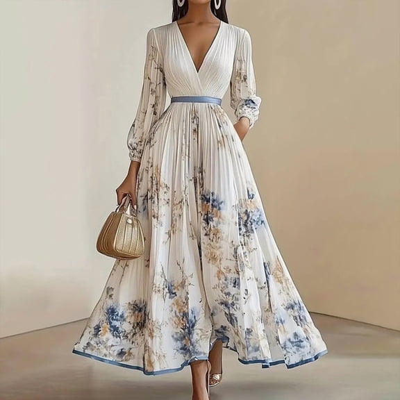 MORTTIC Women's Elegant V-Neck Floral Print Maxi Dress Long Sleeve Ruffled Hem Fit for Weddings Parties & Summer Events,White XL