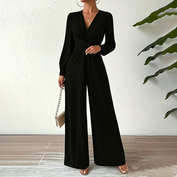 MORTTIC Women's Elegant V-Neck Jumpsuit Cross Front Cuffed Long Sleeve Belted Wide Leg Solid Color Romper Black,S
