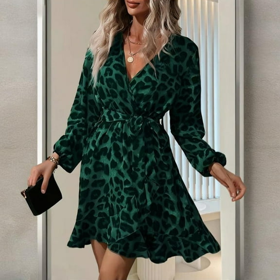 MORTTIC Women's Elegant V-Neck Leopard Print Dress - Long Sleeve Belted Fit & Flare Dress for Spring/Summer