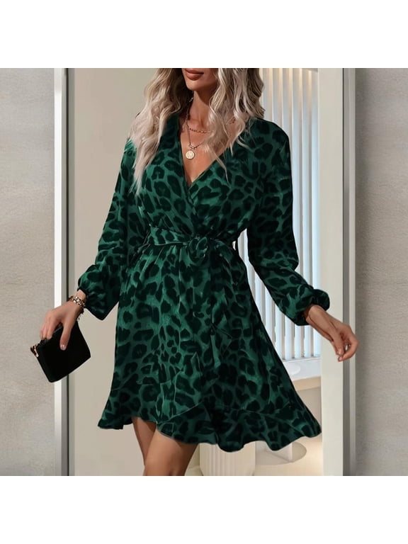 Women's Elegant V-Neck Leopard Print Dress - Long Sleeve Belted Fit & Flare Dress for Spring/Summer
