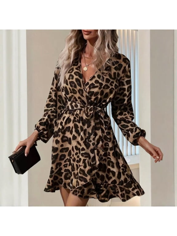 Women's Elegant V-Neck Leopard Print Dress - Long Sleeve Belted Fit & Flare Dress for Spring/Summer