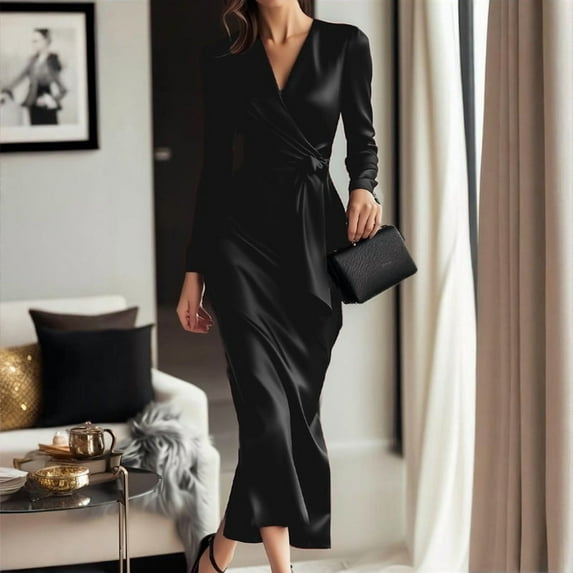 MORTTIC Women's Elegant V-Neck Satin Dress with Long Sleeves Casual Bodycon Maxi Dress with Tie Waist Black,L