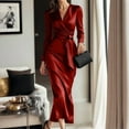 thumbnail image 1 of MORTTIC Women's Elegant V-Neck Satin Dress with Long Sleeves Casual Bodycon Maxi Dress with Tie Waist Red，L, 1 of 5