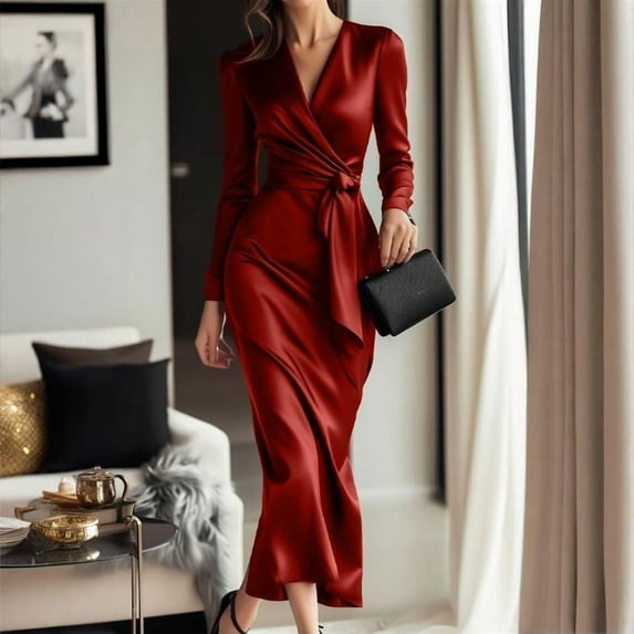 MORTTIC Women's Elegant V-Neck Satin Dress with Long Sleeves Casual Bodycon Maxi Dress with Tie Waist Red,L