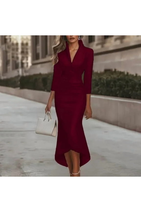 Women's Elegant V-Neck Satin Maxi Dress, Slim Fit Formal Evening Gown with Back Zipper for Party Wine Red,S