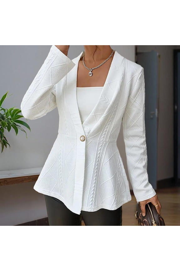Women's Elegant V-Neck Textured Knit Jacket with Beaded Buttons & Ruffle Hem - Spring/Fall Cardigan