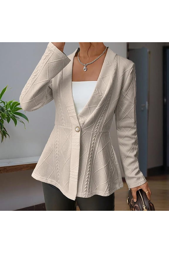 Women's Elegant V-Neck Textured Knit Jacket with Beaded Buttons & Ruffle Hem - Spring/Fall Cardigan