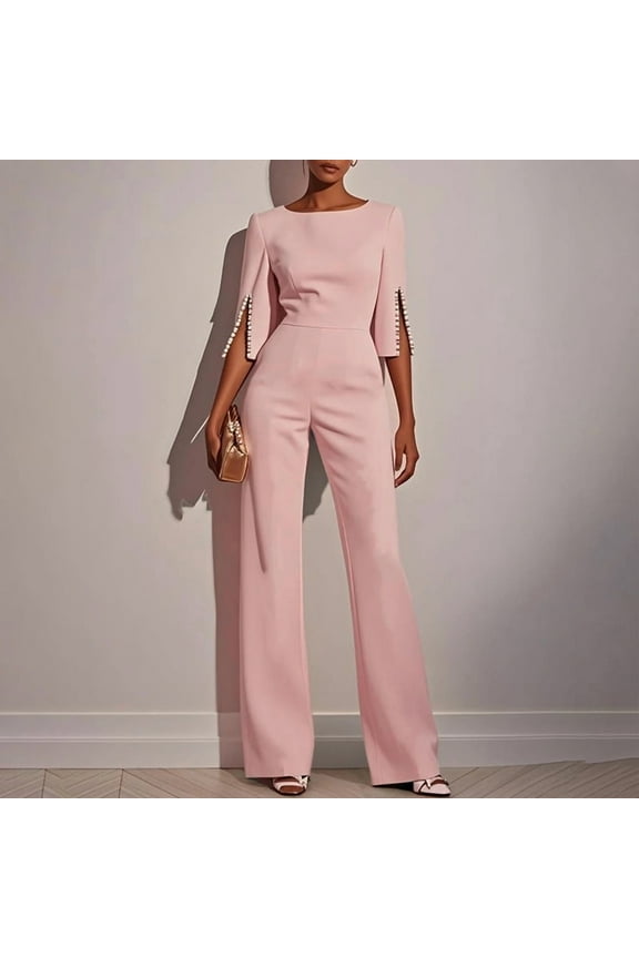 Women's Elegant White Jumpsuit with Pearl Accents - Boat Neck, Mid-Sleeve Side Slit Design, Back Zipper, Slim-Fit Romper for Casual & Formal Events