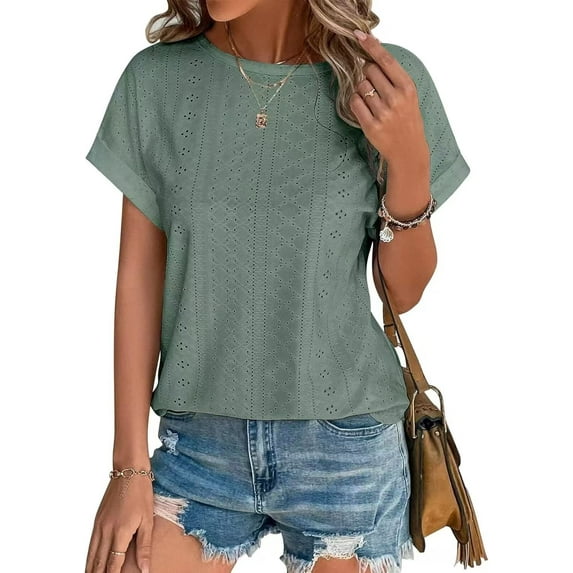 MORTTIC Women's Eyelet Embroidery Short Sleeve T-Shirt Summer Casual Crewneck Curved Hem Tops