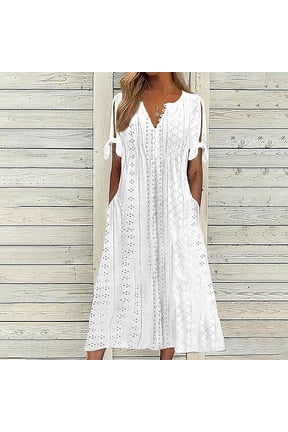 Women's Eyelet V-Neck Maxi Dress Short Sleeve Flowy A-Line Summer Beach Dress, S-5XL