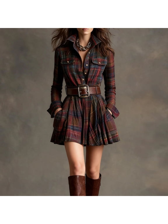Women's Fashion Plaid Shirt Long Sleeve Short Dress Cinched Waist with Button-Down Front & Pockets for Spring/Summer Red,M