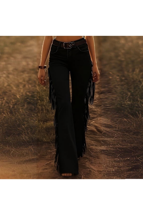 Women's Fashion Western Solid Color Flare Leg Pants with Side Fringe Detail Slim Fit Pants for Vacation Black，XXL