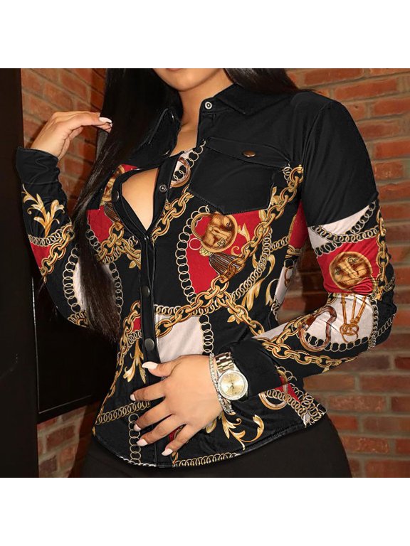 Women's Faux Leather Button-Down Shirt, Slim Fit Long Sleeve PU Leather Blouse with Chest Pocket Red Black Chains,M