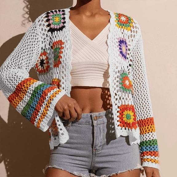 MORTTIC Women's Floral Crochet Kimono Cardigan - Long Sleeve Open Front Lightweight Cover-Up with Colorful Hollow Knit Design