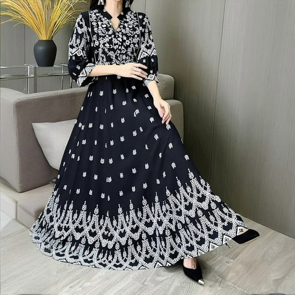 MORTTIC Women's Floral Embroidered V-Collar with Adjustable Waist Tie - Elegant 3/4 Lantern Sleeve Maxi Flowy Dress Black，M