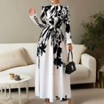 thumbnail image 1 of MORTTIC Women's Floral Print A-Line Stand Collar Elegant Lantern Long Sleeve Maxi Dress Waist Detail Ruffle Hem Apricot & Black S, 1 of 6