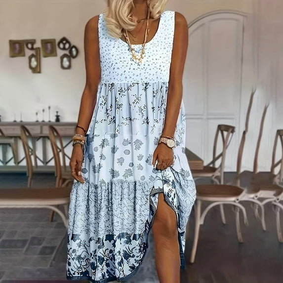 MORTTIC Women's Floral Print Boho Midi Dress Sleeveless Tiered A-Line Sundress for Vacation Beach Dressy Events Gray Blue,M