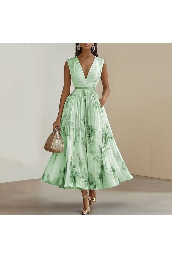 Women's Floral Print Deep V-Neck Sleeveless Maxi Dress - Flowy Ruffle Hem Sundress with Pockets Green，S