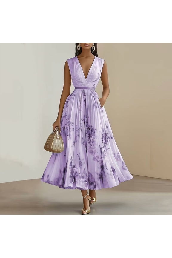 Women's Floral Print Deep V-Neck Sleeveless Maxi Dress - Flowy Ruffle Hem Sundress with Pockets Purple，L