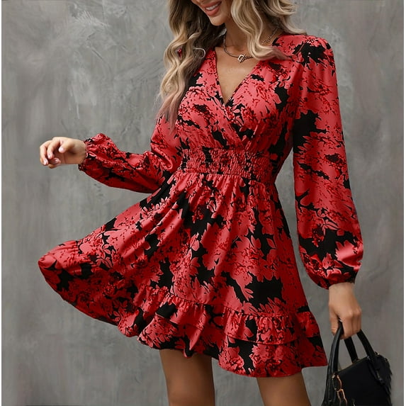 MORTTIC - Women's Floral Print Lantern Sleeve Dress - A-Line V-Neck Ruched Waist Midi Dress, Loose Fit Casual & Formal Dress with Gathered Detail