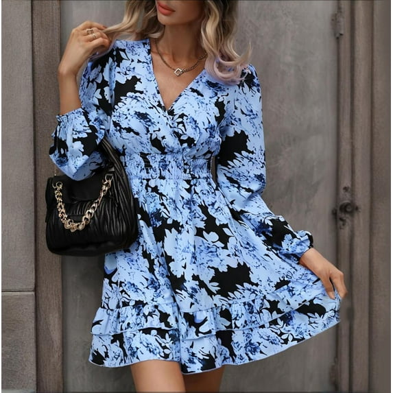 MORTTIC - Women's Floral Print Lantern Sleeve Dress - A-Line V-Neck Ruched Waist Midi Dress, Loose Fit Casual & Formal Dress with Gathered Detail