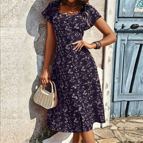 MORTTIC Women's Floral Print Square Neck Short Sleeve A-Line Midi with Button Detail Slit Boho Summer Dress Dark Blue,XL