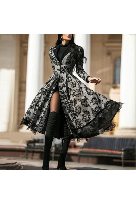 Women's Floral Print Trench Coat - Long Sleeve Lace Trim Vintage Long Coat for Fall & Winter Black，S