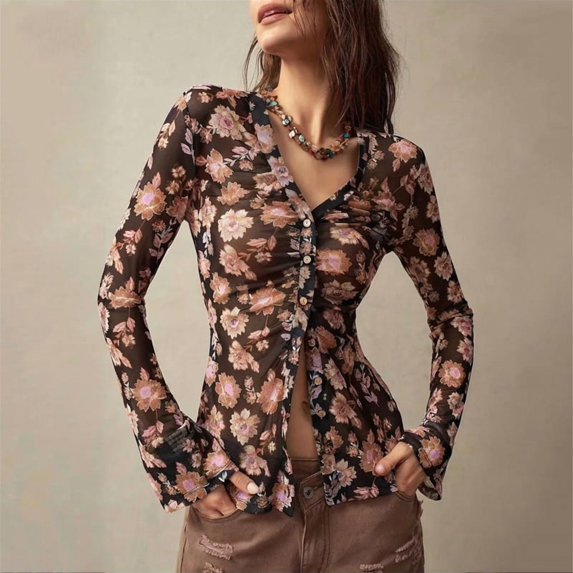 MORTTIC Women's Floral Print V-Neck Blouse - Long Sleeve Button Ruffle Detail Tops for Spring/Fall Black,L