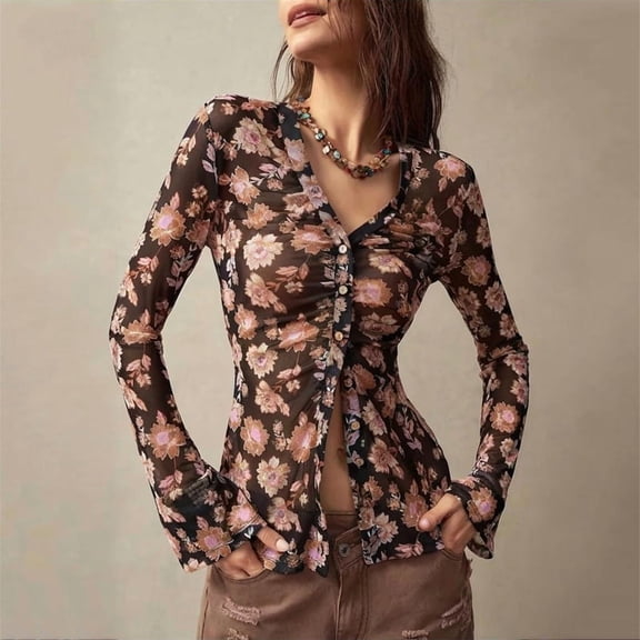 MORTTIC Women's Floral Print V-Neck Blouse - Long Sleeve Button Ruffle Detail Tops for Spring/Fall Black，XL