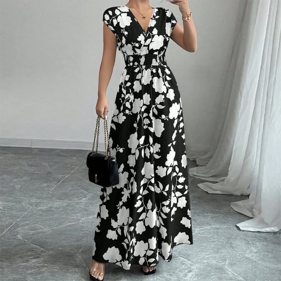 MORTTIC Women's Floral Print V-Neck Maxi Dress with Elastic Waist Bohemian Summer Casual Long Dress Black,XL