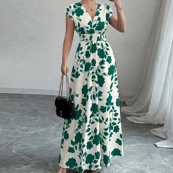 MORTTIC Women's Floral Print V-Neck Maxi Dress with Elastic Waist Bohemian Summer Casual Long Dress Green，L