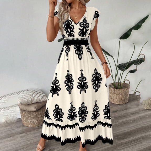 MORTTIC Women's Floral Print V-Neck Maxi Dress with Short Sleeves & Smocked Waist Flowy Summer Beach Dress Apricot，M