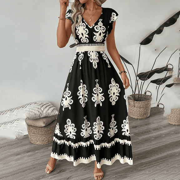 MORTTIC Women's Floral Print V-Neck Maxi Dress with Short Sleeves & Smocked Waist Flowy Summer Beach Dress Black，XL