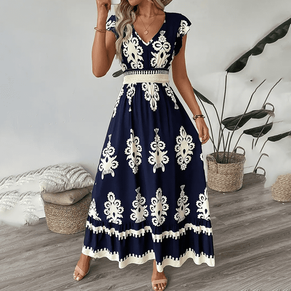 MORTTIC Women's Floral Print V-Neck Maxi Dress with Short Sleeves & Smocked Waist Flowy Summer Beach Dress Blue,L