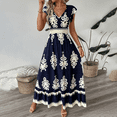 thumbnail image 1 of MORTTIC Women's Floral Print V-Neck Maxi Dress with Short Sleeves & Smocked Waist Flowy Summer Beach Dress Blue，M, 1 of 6