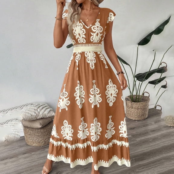 MORTTIC Women's Floral Print V-Neck Maxi Dress with Short Sleeves & Smocked Waist Flowy Summer Beach Dress Earth Yellow，M