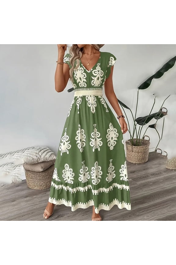 Women's Floral Print V-Neck Maxi Dress with Short Sleeves & Smocked Waist Flowy Summer Beach Dress Green,S