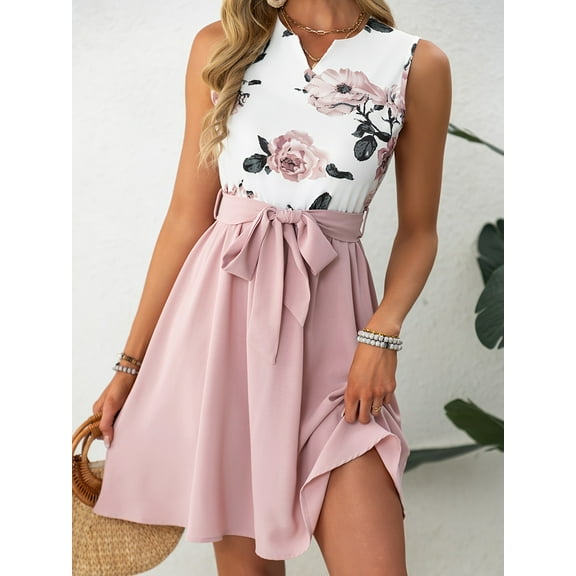 MORTTIC Women's Floral Sleeveless V-Neck Top and Solid Skirt Set Summer Casual Two-Piece Outfit with Belt, Look for All Seasons