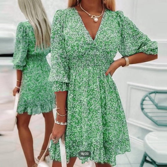 MORTTIC Women's Floral V-Neck Smocked Boho Flowy Mini Dress with Elastic Waist for Spring Summer Fall Green，S