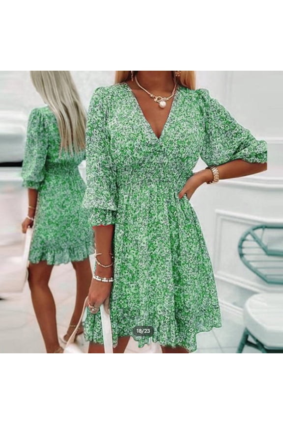 Women's Floral V-Neck Smocked Boho Flowy Mini Dress with Elastic Waist for Spring Summer Fall Green，S