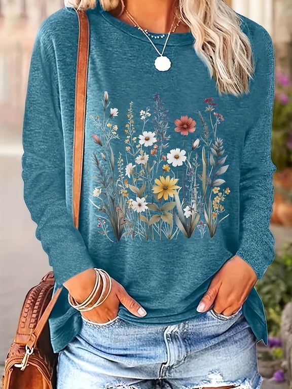 Women's Floral Wildflower Print Long Sleeve T-Shirt - Casual Blooming Graphic Round Neck Tee for Spring & Autumn Fashion